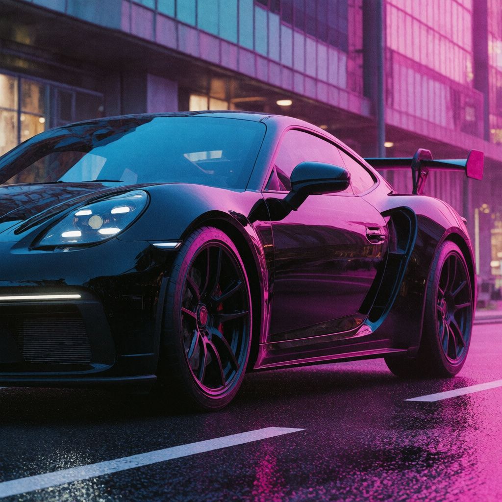 A black sports car with slight retrowave aesthetic, tight composition
