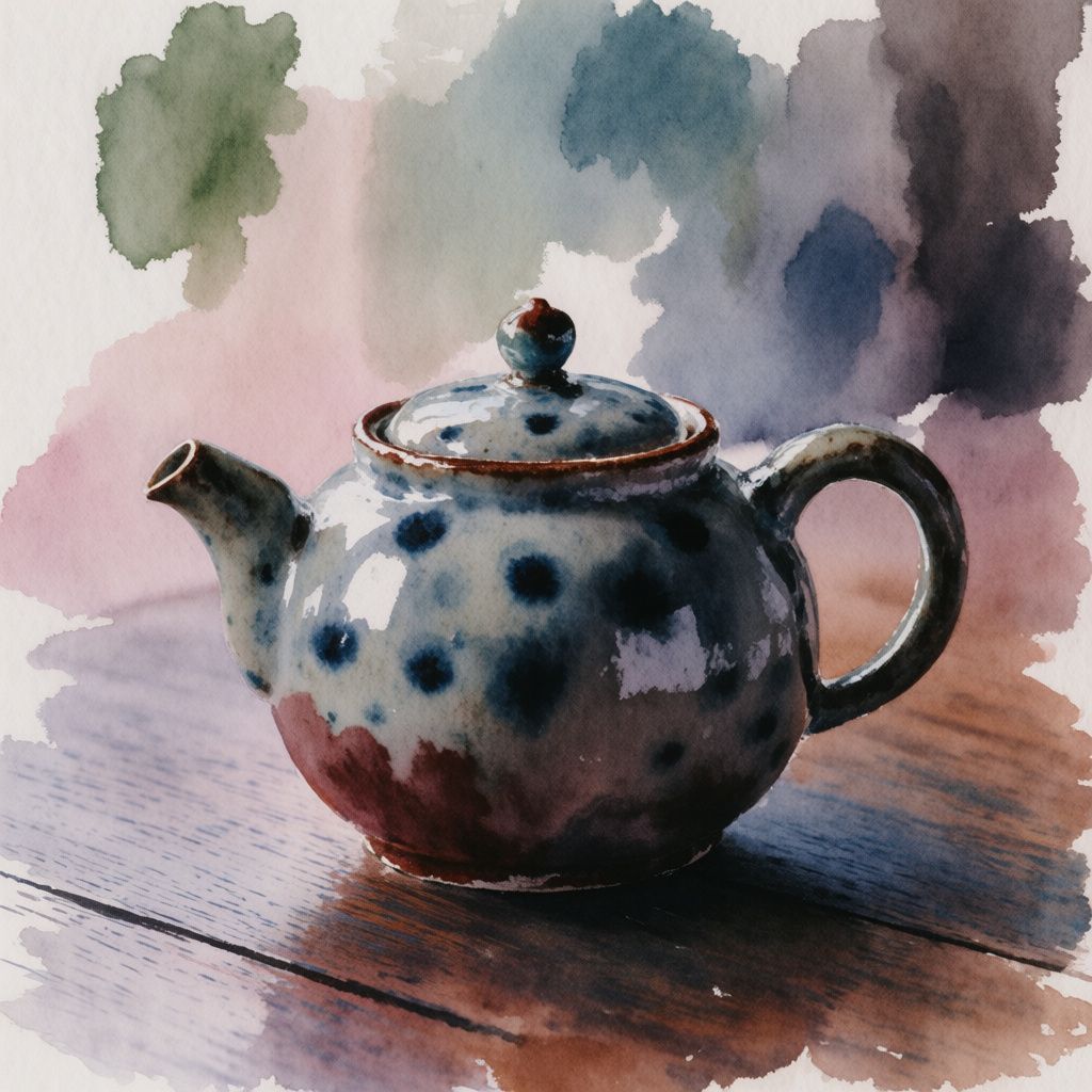 A ceramic teapot on a wooden table in watercolor style, tight composition close to the subject