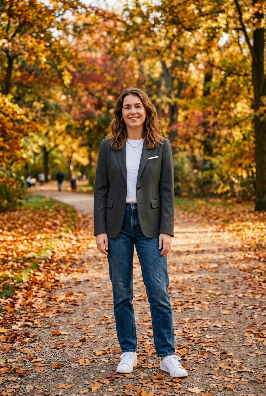 The same woman in the autumn park wearing a charcoal wool blazer