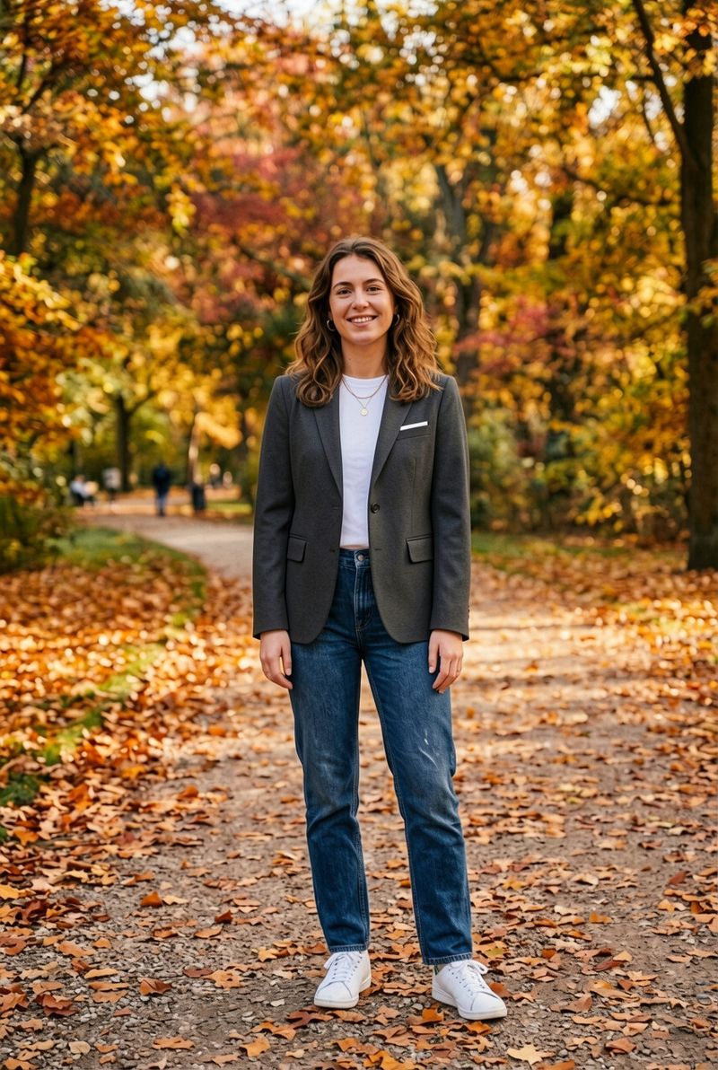 The same woman in the autumn park wearing a charcoal wool blazer