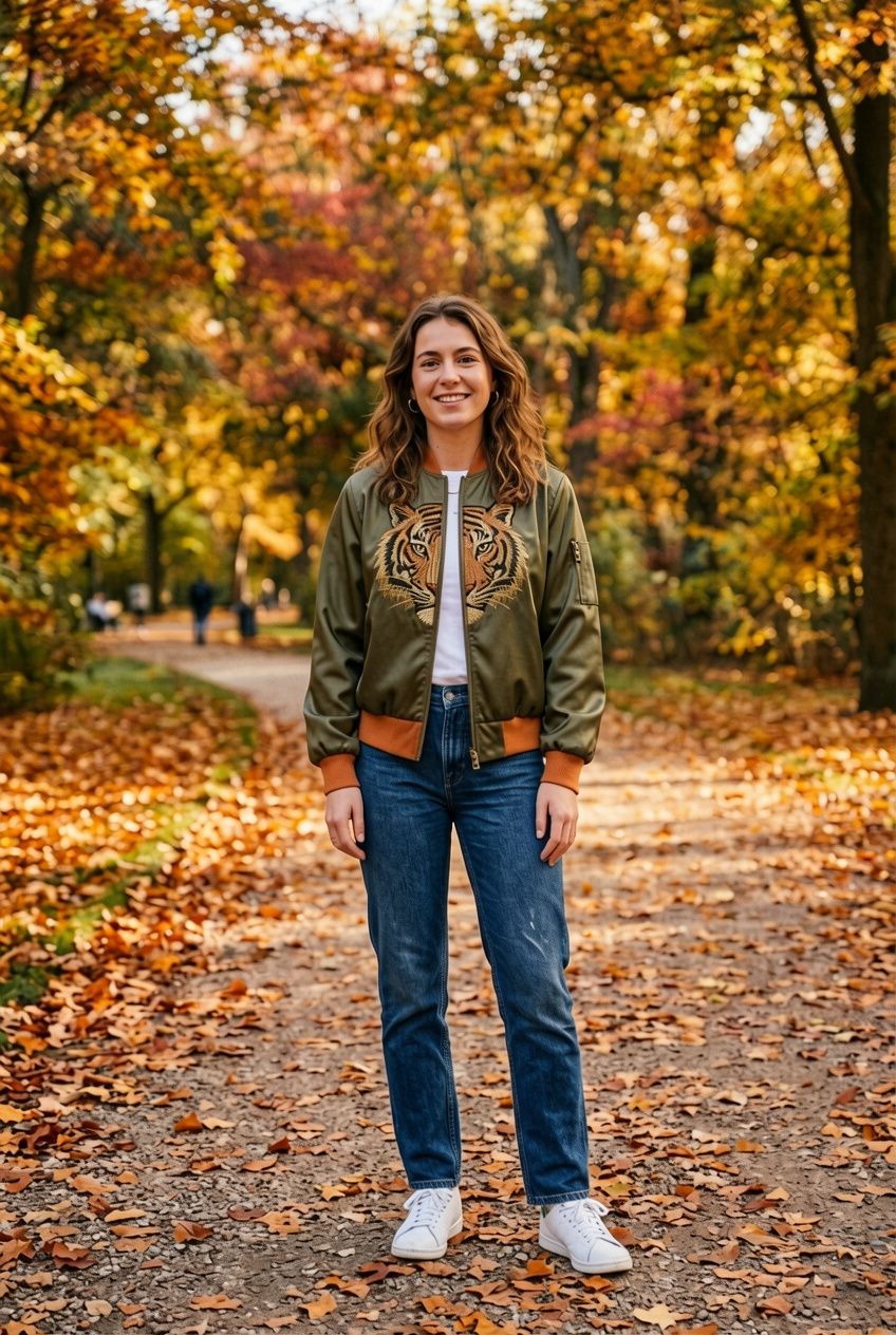The same woman in the autumn park wearing an olive green satin bomber jacket with an embroidered tiger