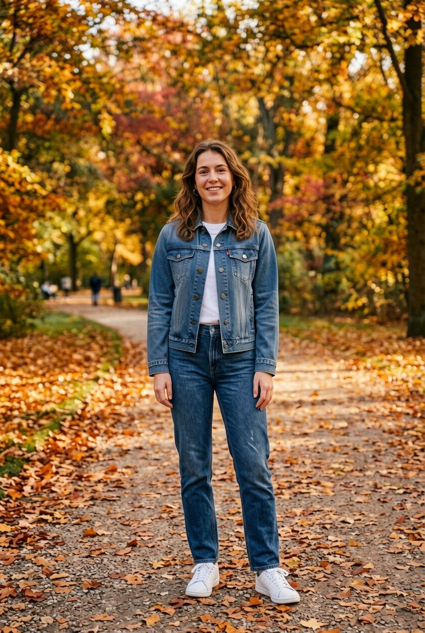 The same woman in the autumn park wearing a blue denim jacket