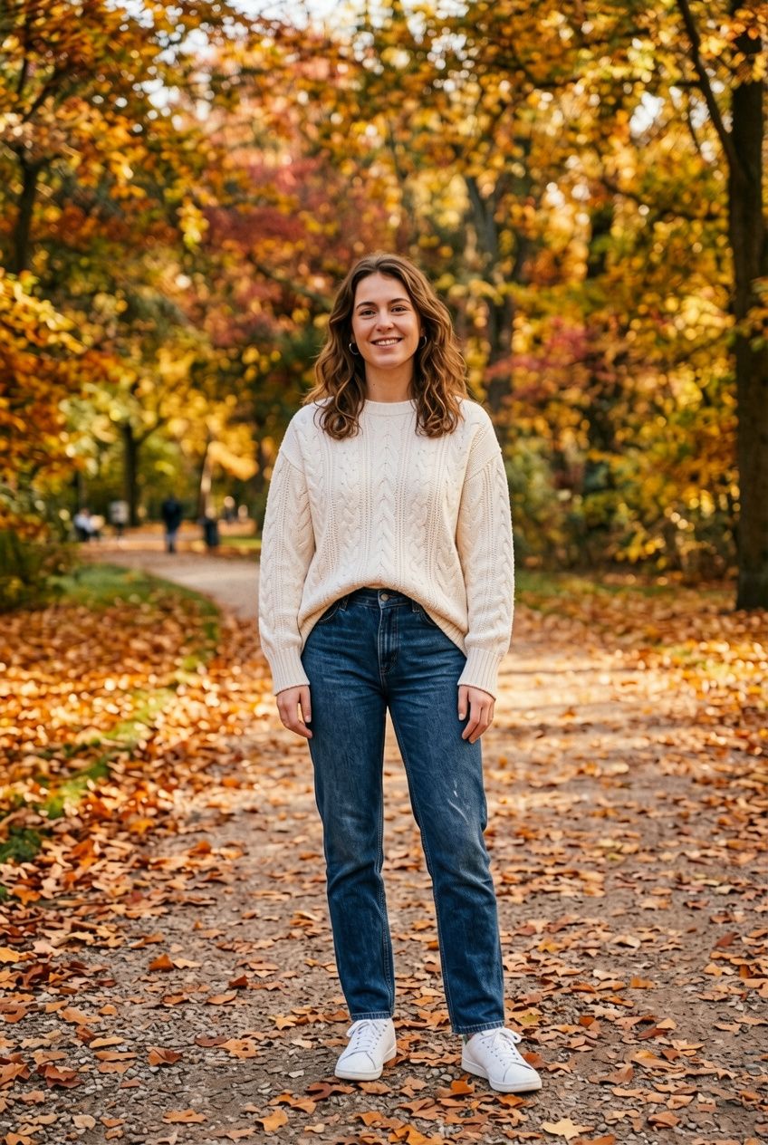 The same woman in the autumn park wearing an oversized cream cable-knit sweater
