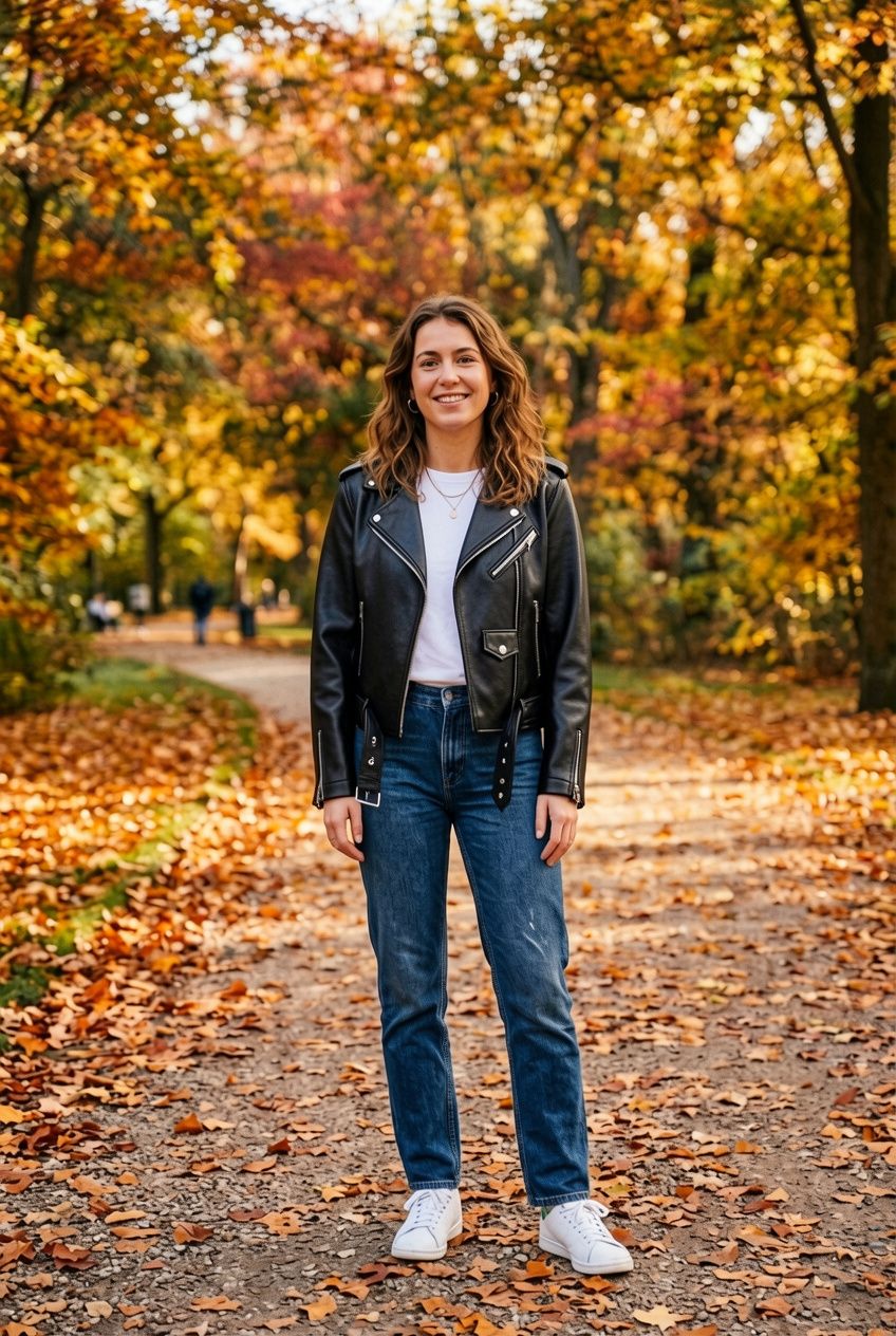 A young woman in an autumn park wearing a black leather biker jacket