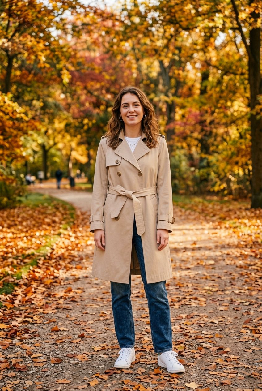 The same woman in the autumn park wearing a beige trench coat