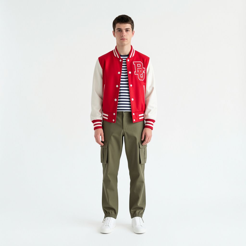 A man wearing the full composite outfit: red varsity jacket, striped t-shirt, cargo pants, white sneakers