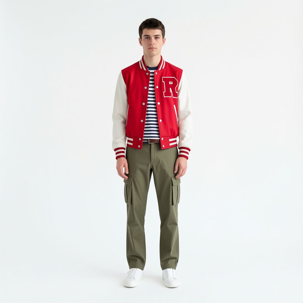 A man wearing the full composite outfit: red varsity jacket, striped t-shirt, cargo pants, white sneakers