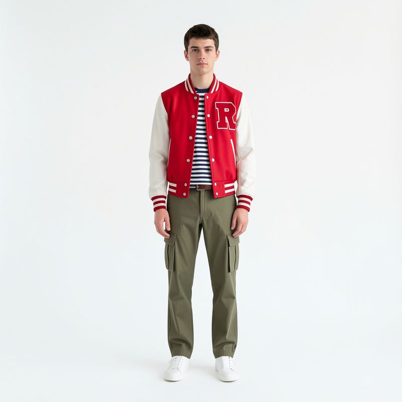 A man wearing the full composite outfit: red varsity jacket, striped t-shirt, cargo pants, white sneakers