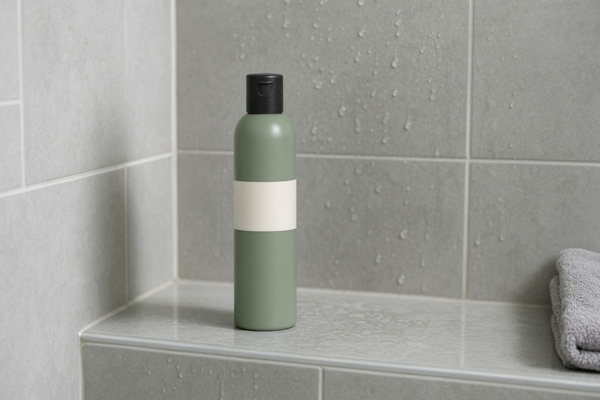 The same bottle on a tiled shower ledge with water beading on the tiles behind it