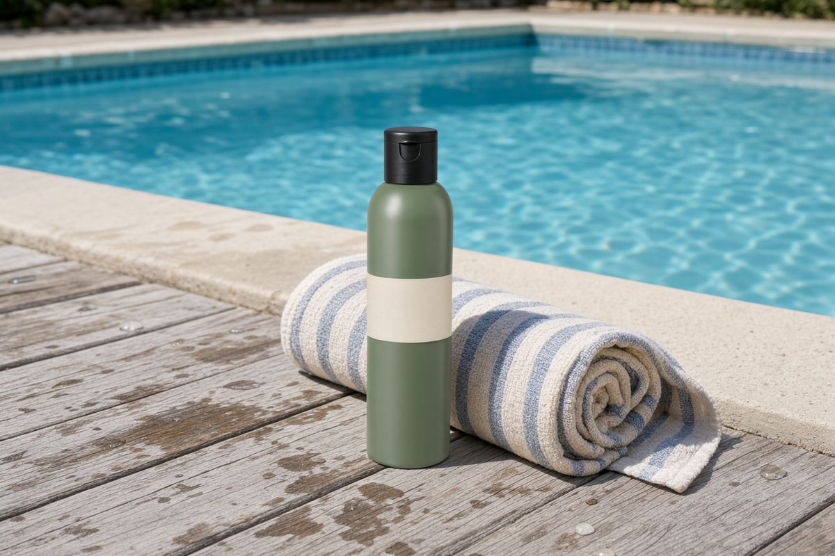 The same bottle on a wooden poolside deck with a blurred blue pool and a striped towel beside it
