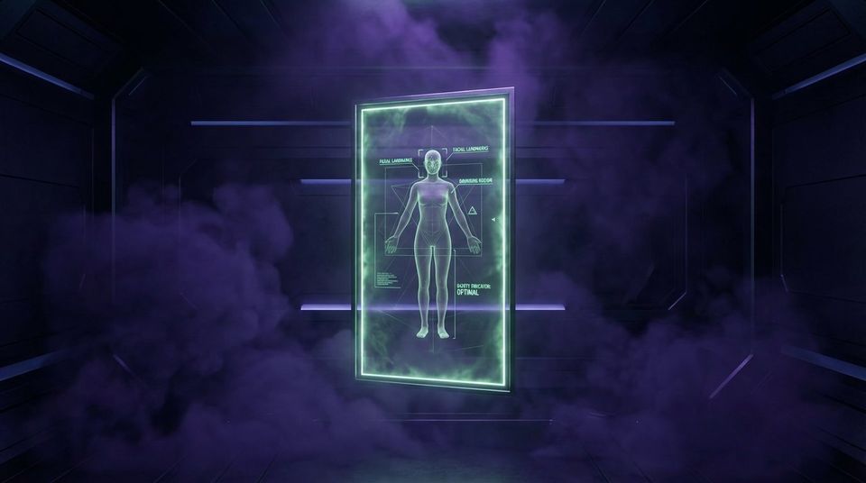 Floating luminous rectangular portal in a dark violet void chamber, wireframe structure aligned with a rendered character inside