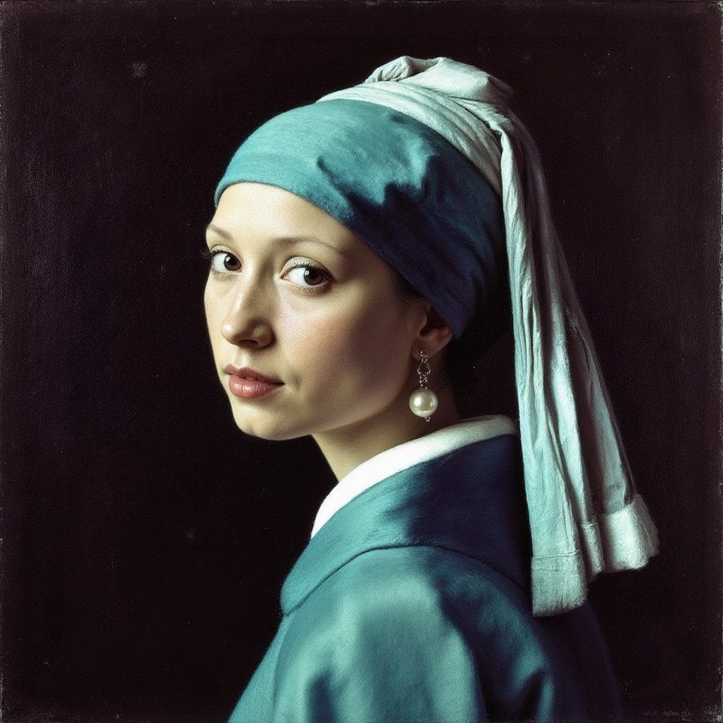 A futuristic woman with iridescent skin wearing a chrome headwrap and pearl earring in cyberpunk style