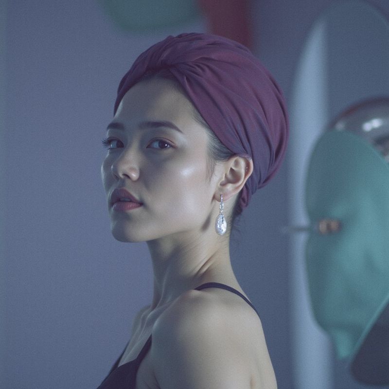 A futuristic woman with iridescent skin wearing a chrome headwrap and pearl earring in cyberpunk style