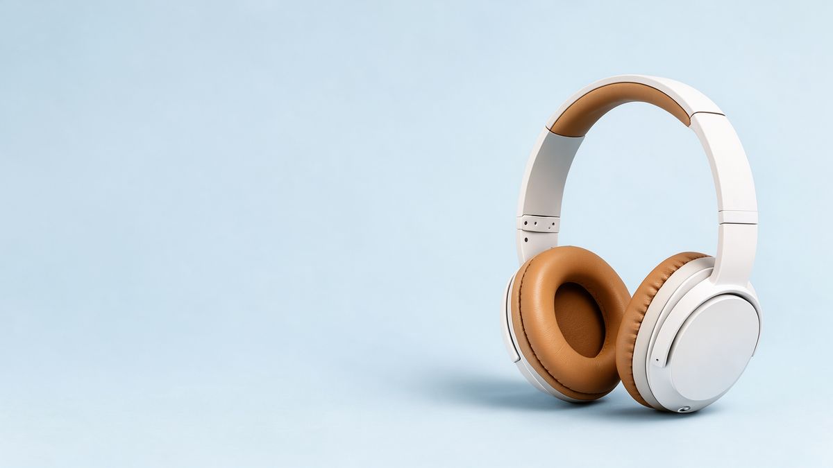 The same white headphones standing in the right third of the pale blue background, with the left half of the frame empty