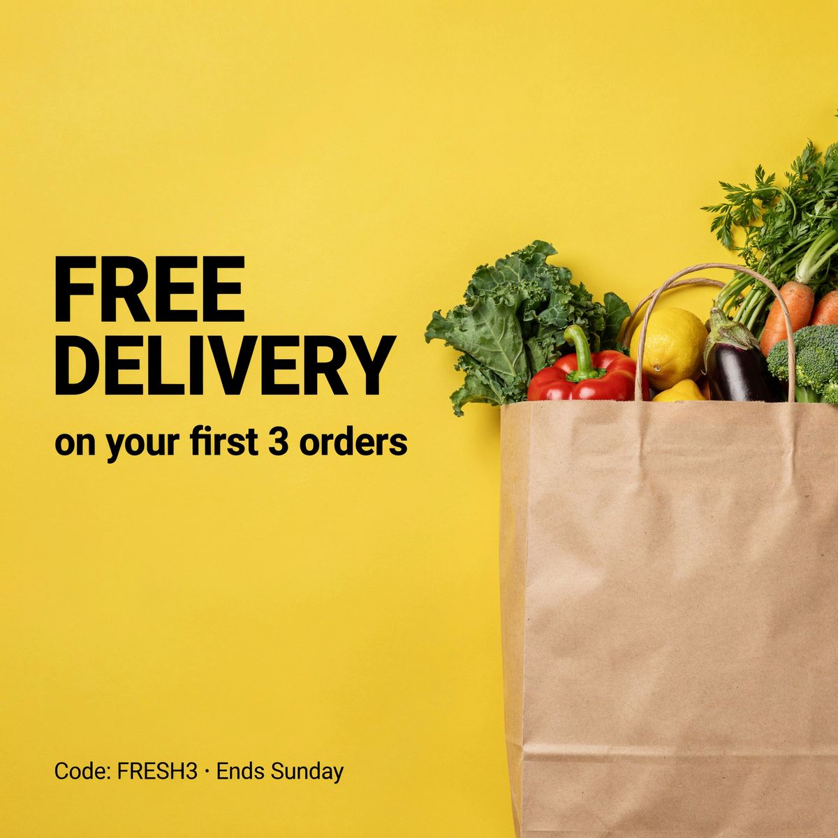 The same promo tile generated with Magic Prompt off, with FREE DELIVERY, on your first 3 orders and Code: FRESH3 · Ends Sunday