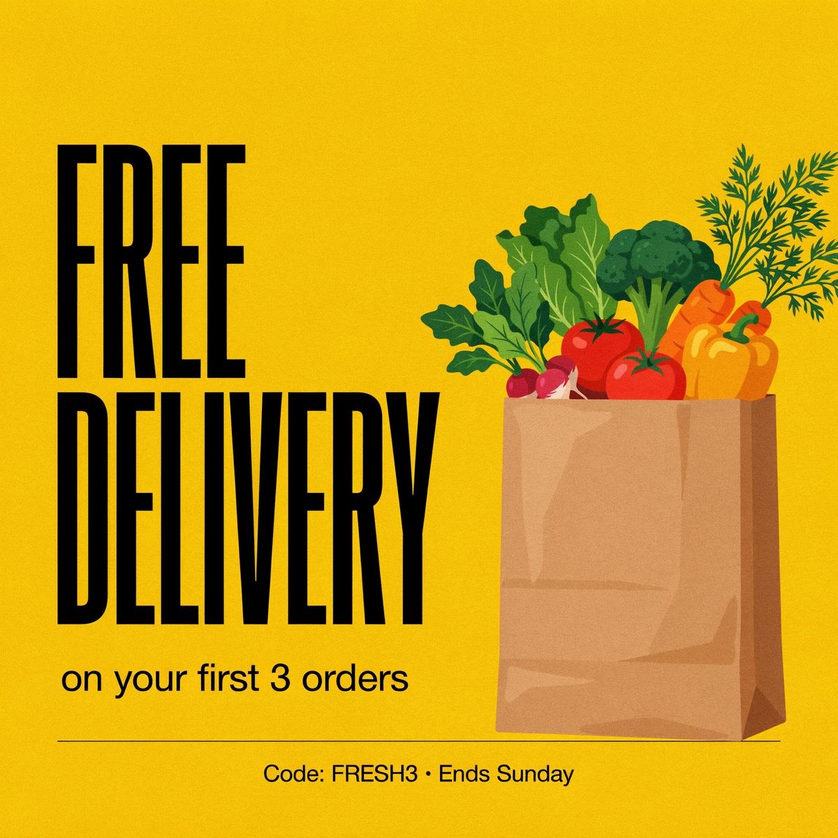A yellow promo tile with FREE DELIVERY in a tall condensed stack on the left, on your first 3 orders and the code line below, and a paper bag of vegetables on the right, generated with Magic Prompt on