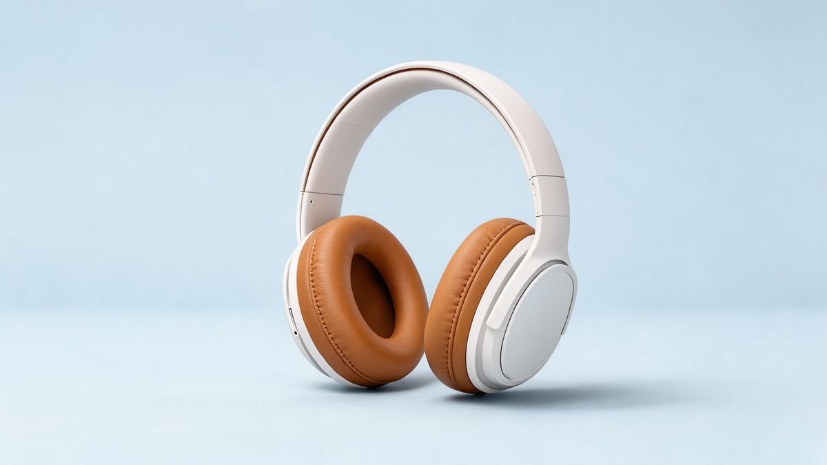 White over-ear headphones with tan ear cushions standing in the center of a pale blue background
