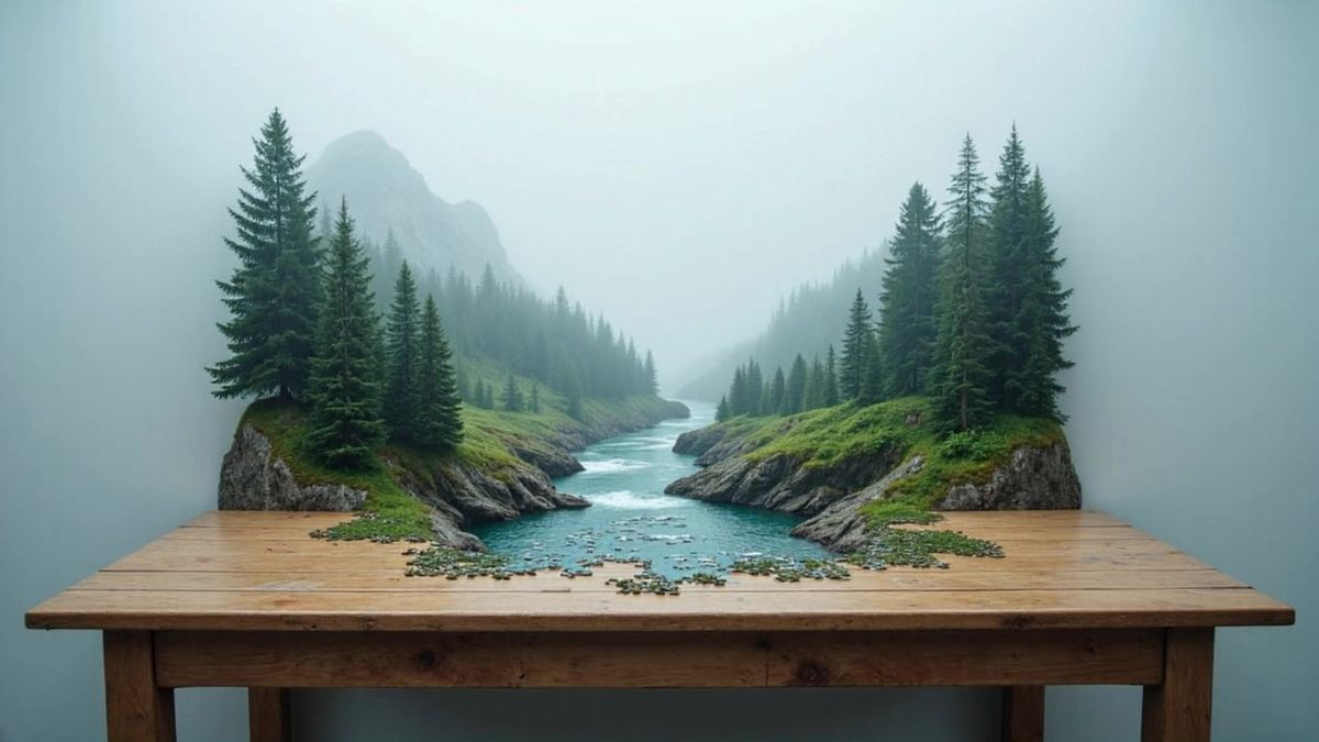 Mountain river landscape blending into a puzzle on a wooden table