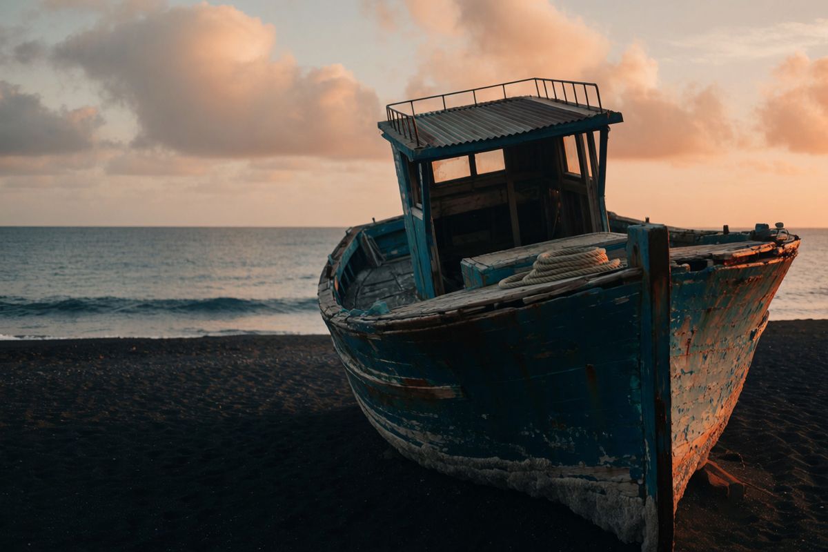 A fishing boat on black sand at dawn with atmospheric depth