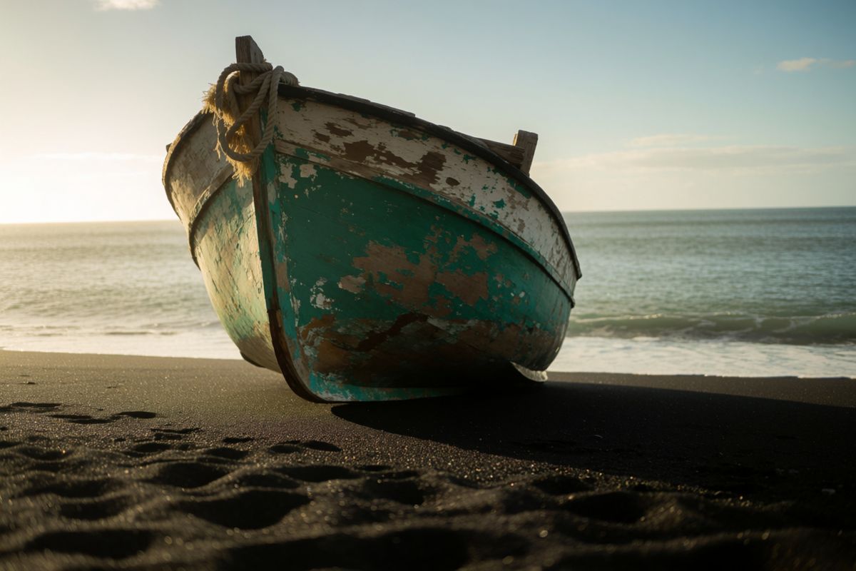 A fishing boat on black sand at dawn with atmospheric depth