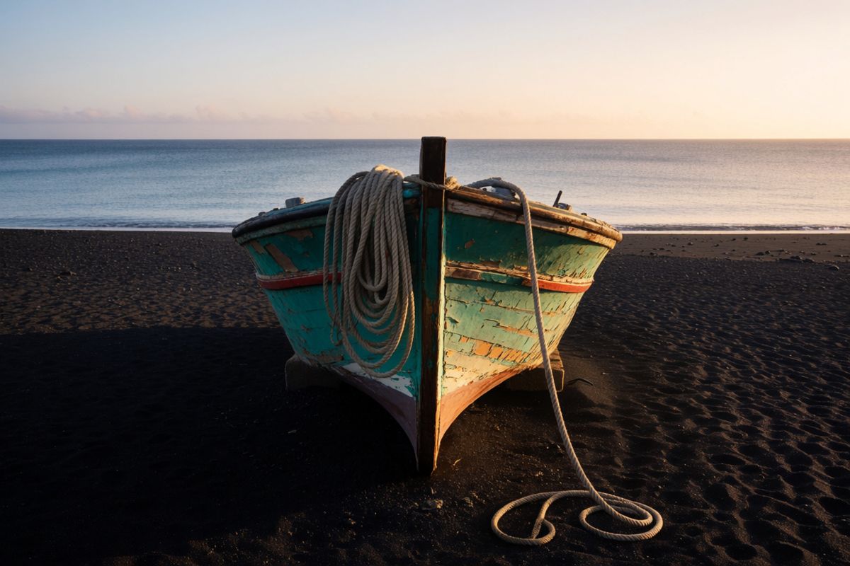 A fishing boat on black sand at dawn