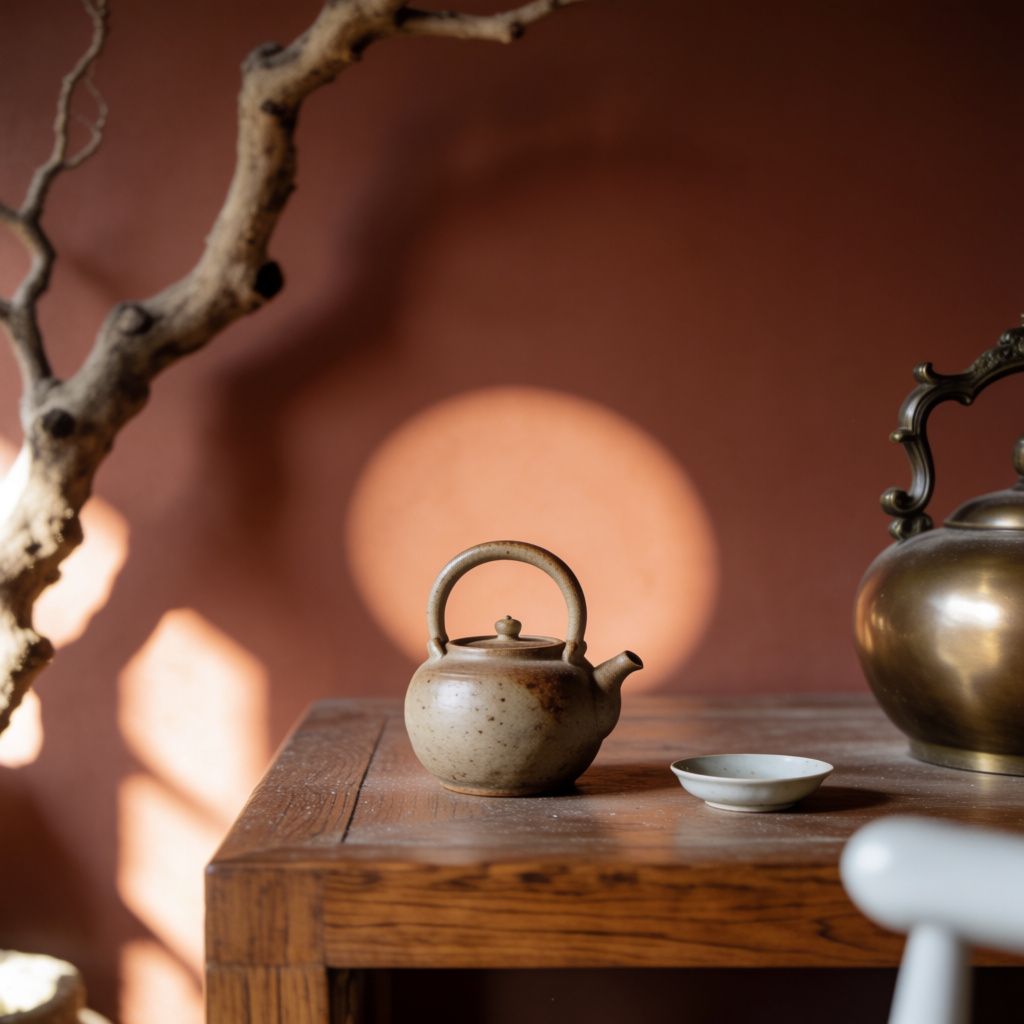 A ceramic teapot on a wooden table with rich atmosphere