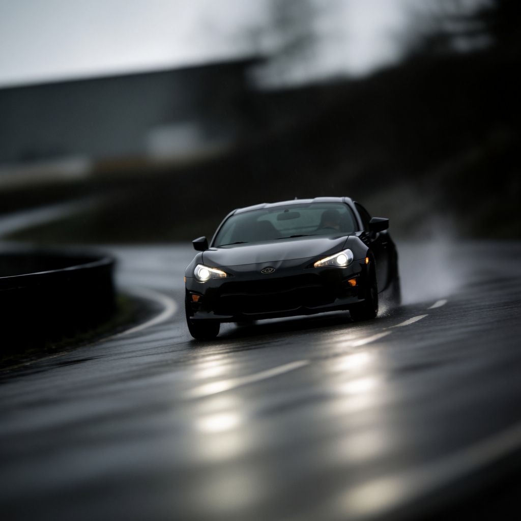 A black sports car on wet asphalt with glowing streetlights, cinematic atmosphere, and moody lighting