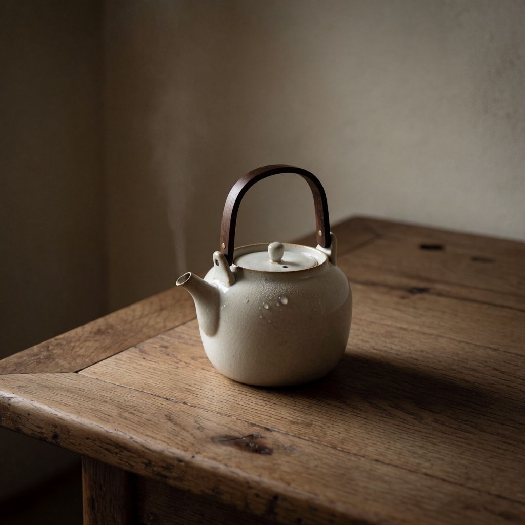 A ceramic teapot on a wooden table with subtle lighting and depth