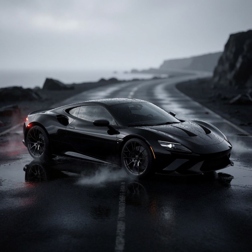 A black sports car on wet asphalt with subtle lighting and reflections