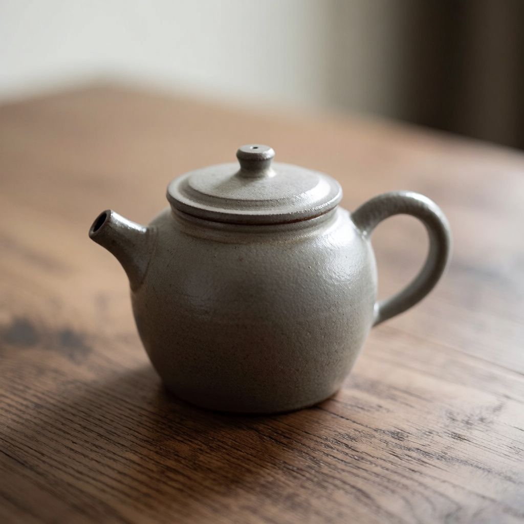 A ceramic teapot on a wooden table with expressive styling and warm tones