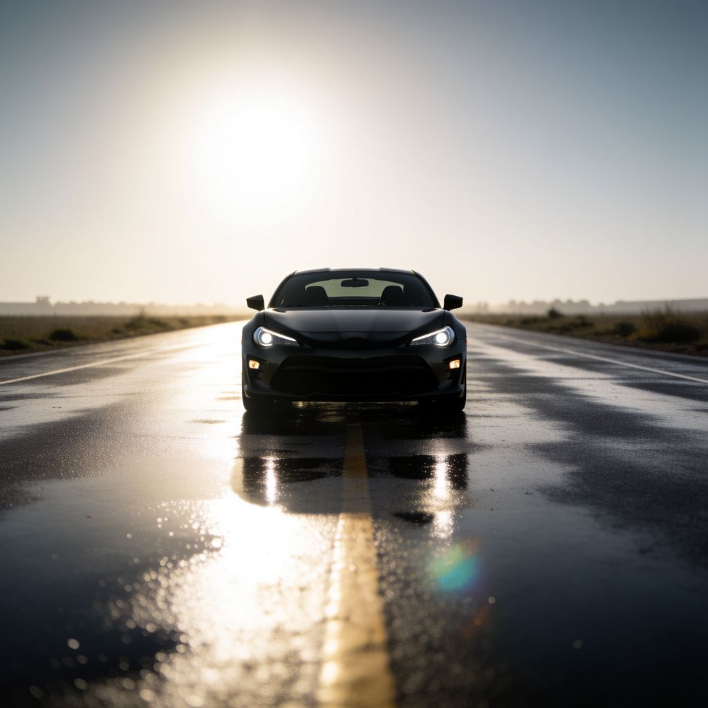 A black sports car on wet asphalt with expressive warm lighting and atmosphere