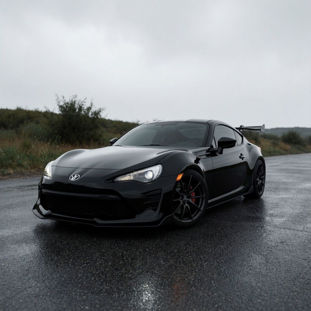A plain photograph of a black sports car on asphalt with flat lighting