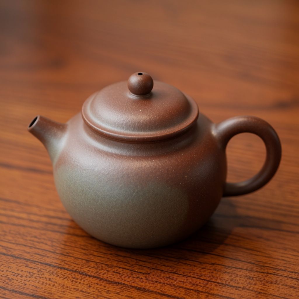 A plain ceramic teapot on a wooden table