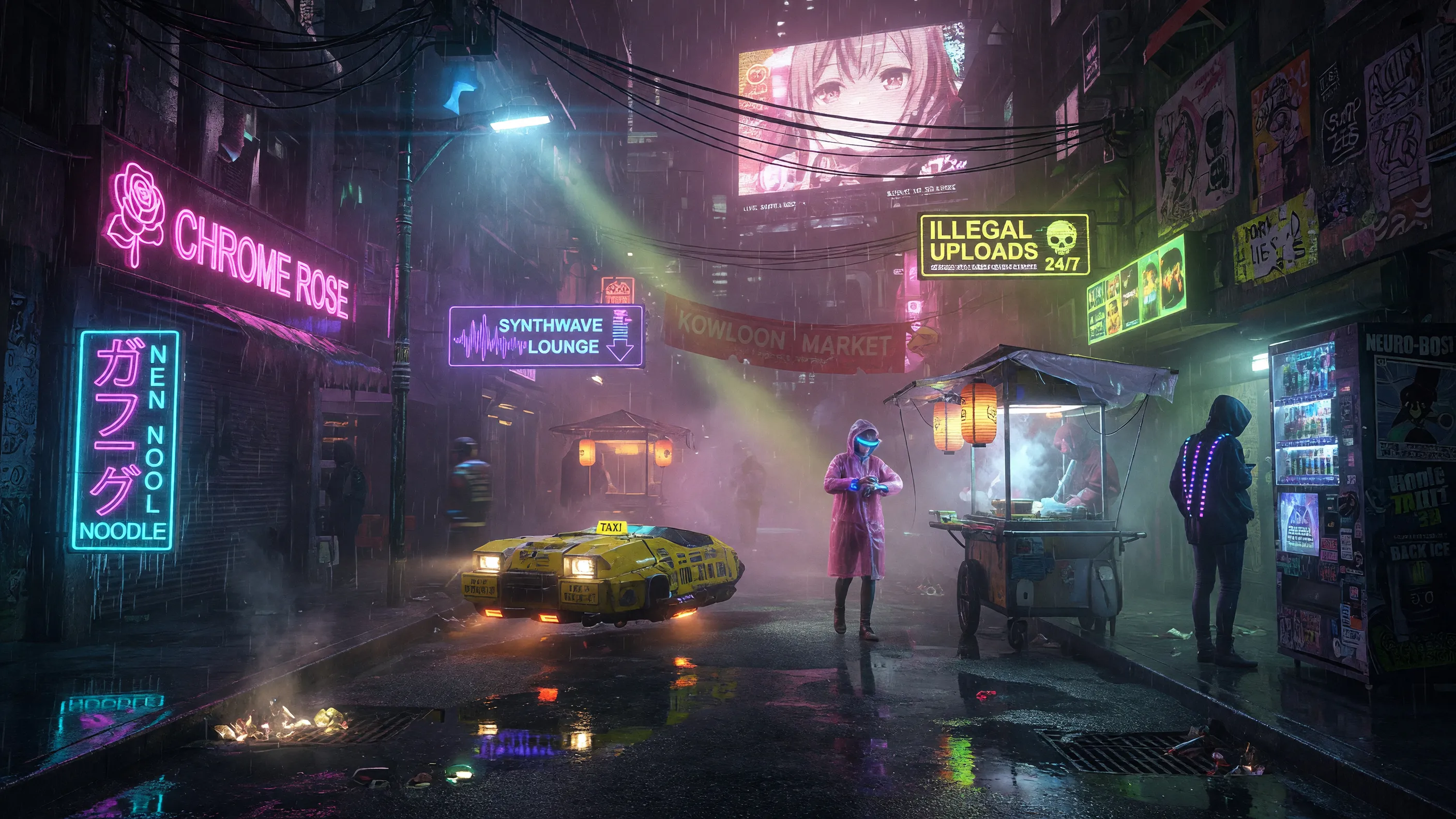 Cyberpunk street scene generated by Grok Imagine
