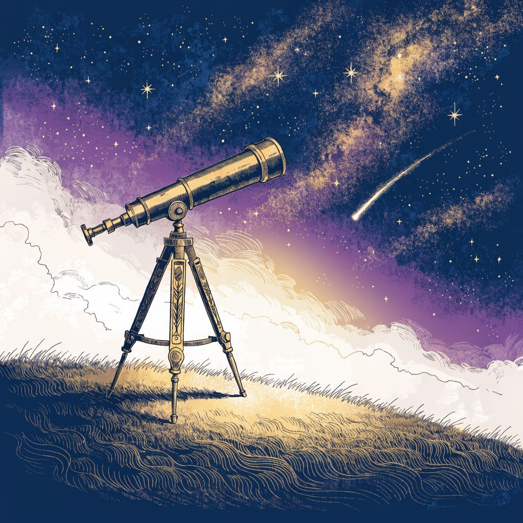 A vintage brass telescope on a tripod pointing up at a starry sky from a grassy hilltop