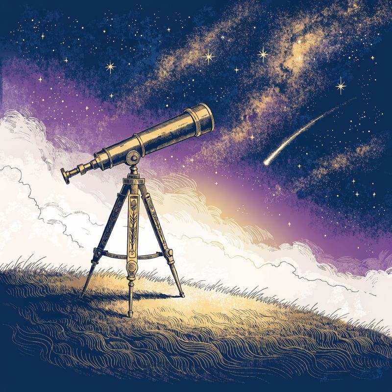 A vintage brass telescope on a tripod pointing up at a starry sky from a grassy hilltop