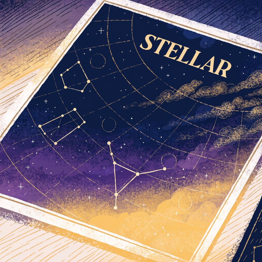 An open star chart card with hand-drawn constellation lines and the STELLAR wordmark