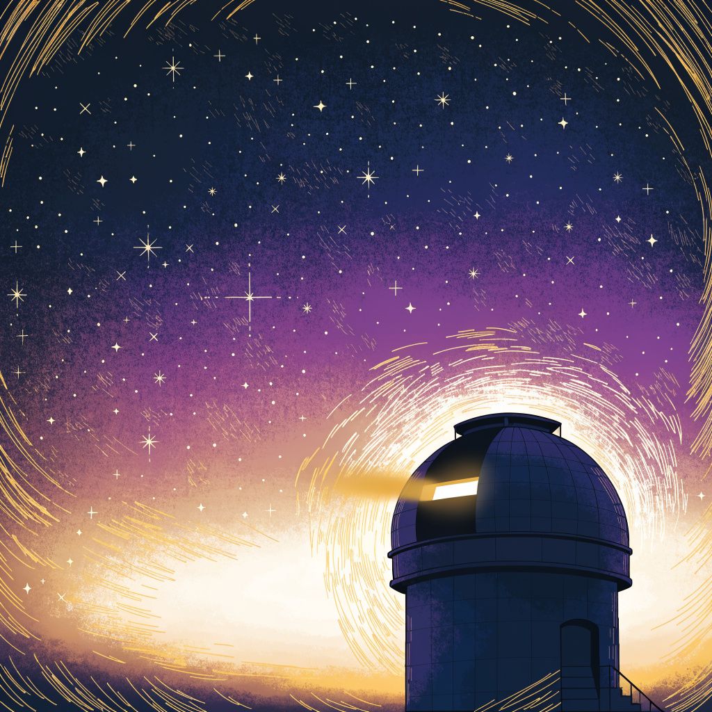 A domed observatory silhouetted against a starry sky