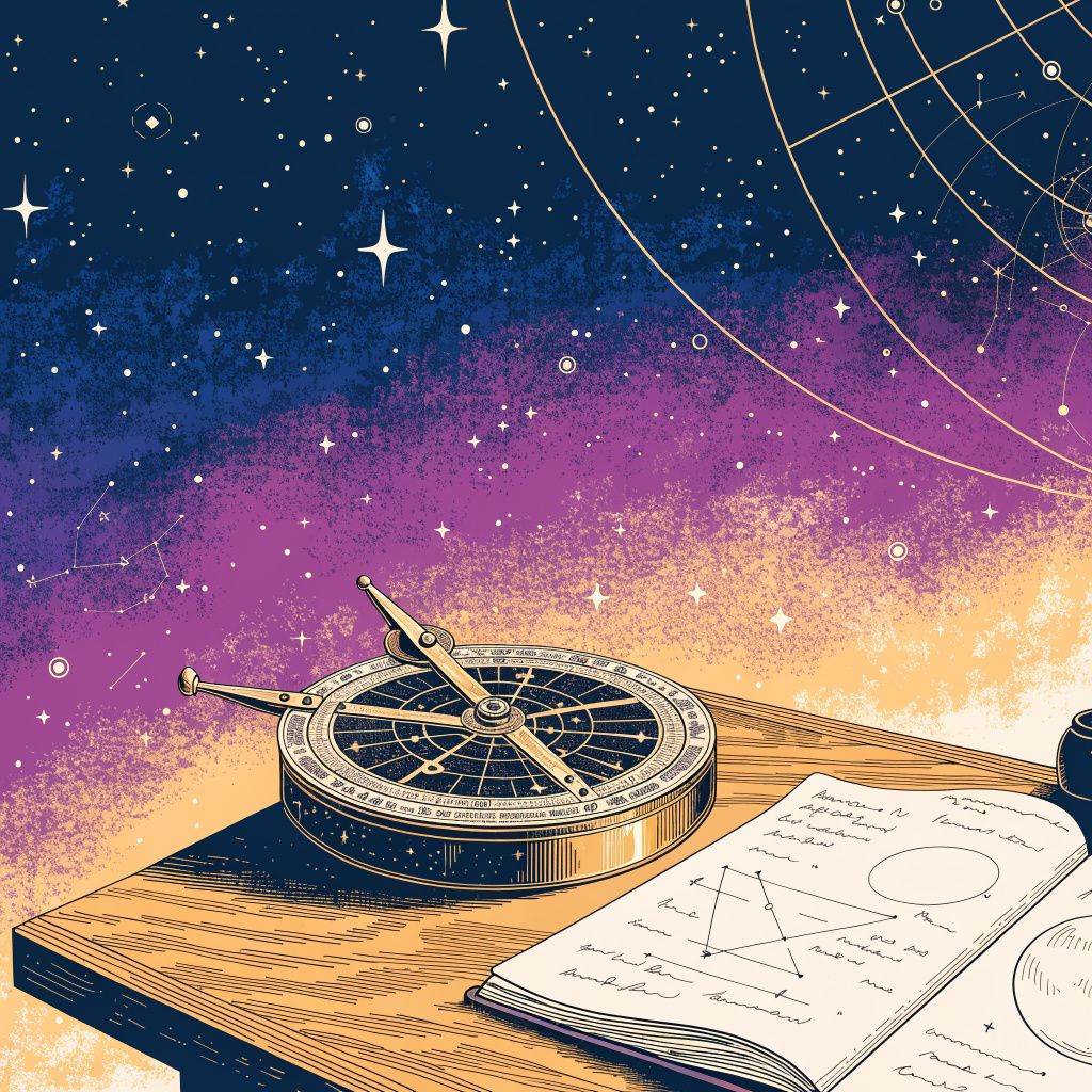 A vintage brass astrolabe on a wooden desk
