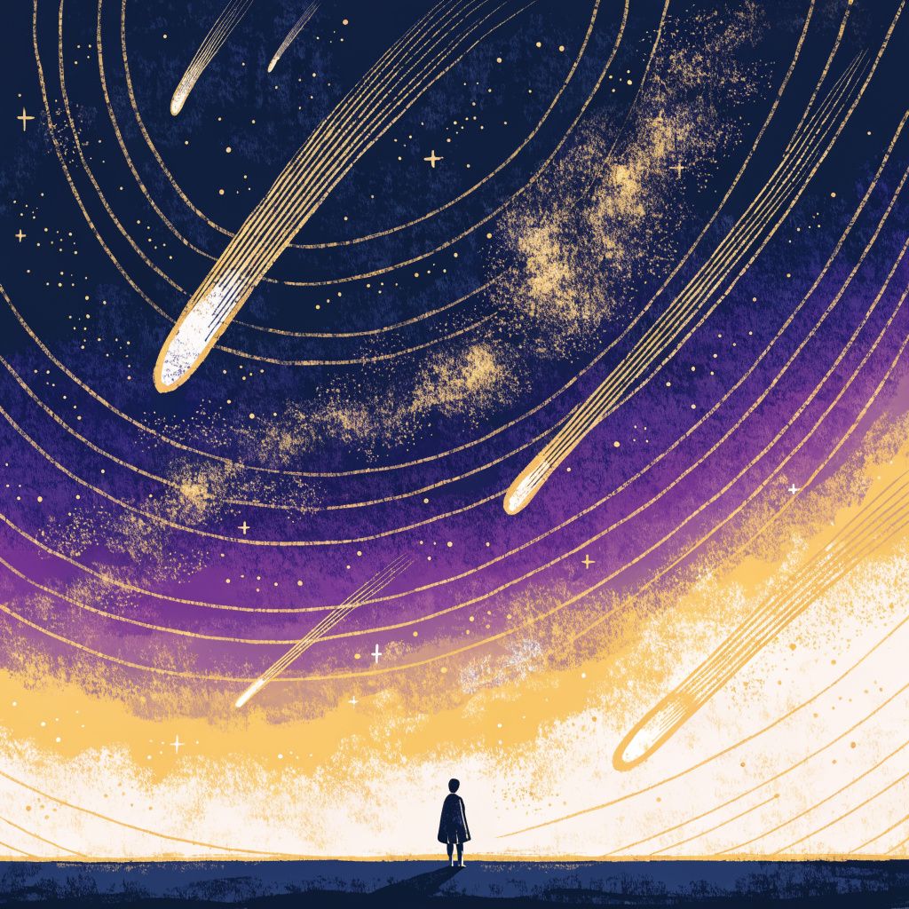 A figure silhouetted while looking up at shooting stars