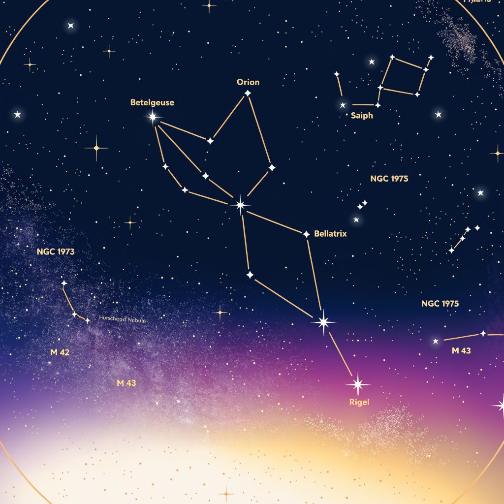 A constellation map of Orion with gold connecting lines