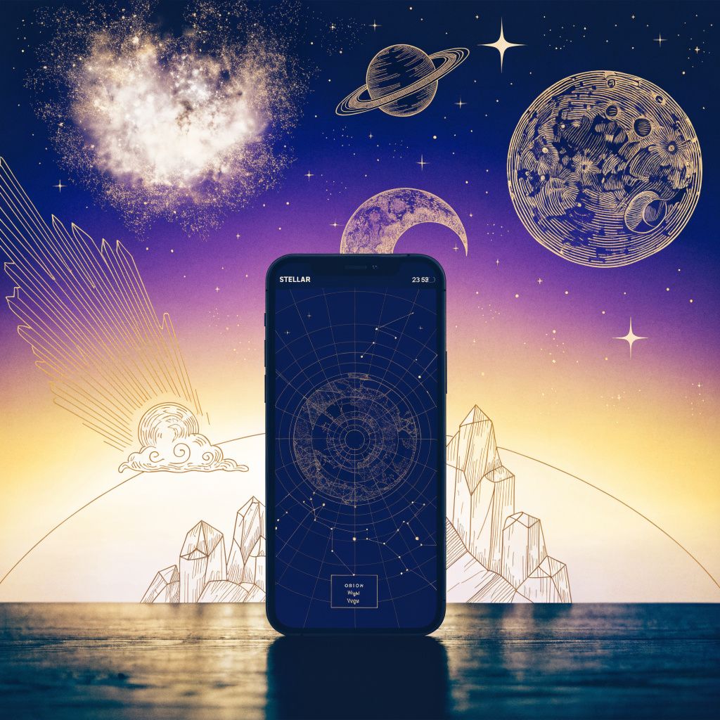 A phone mockup showing the Stellar app with a star map on screen