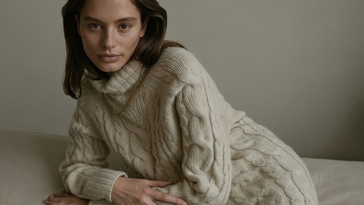 A woman in a cream cable-knit sweater seated against a putty-gray wall, lit from the left