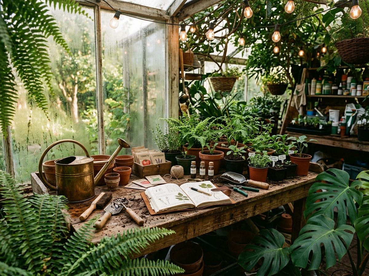 A cluttered greenhouse potting bench with terracotta pots, a brass watering can, an open journal, string lights, and ferns