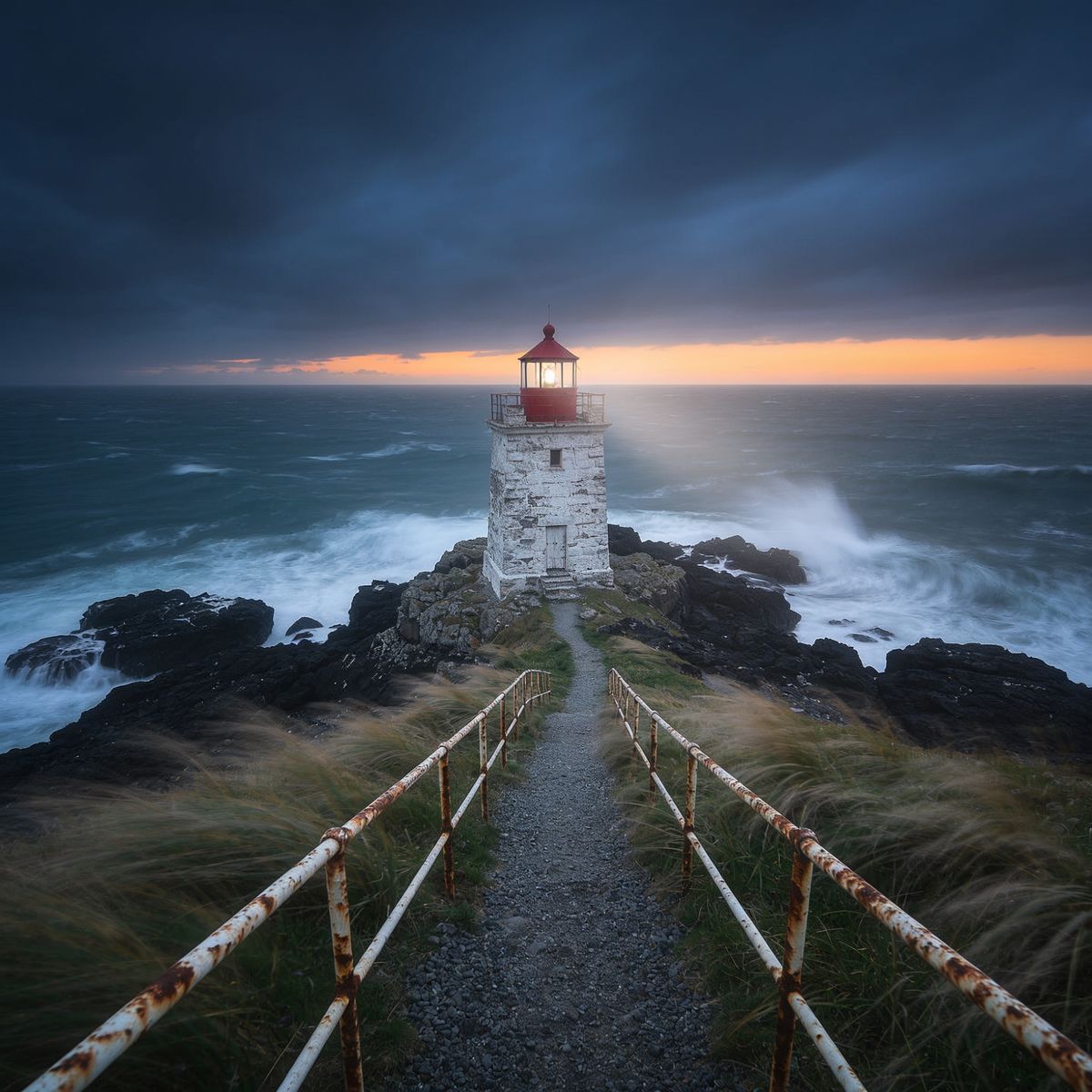 A white lighthouse with a red lantern room on a rocky headland at blue hour, waves breaking below