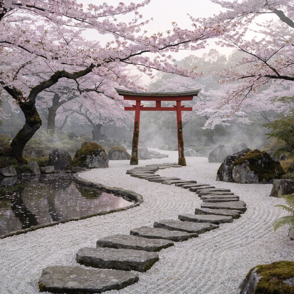 A traditional Japanese zen garden with a torii gate, cherry blossoms, and morning mist in a centered composition