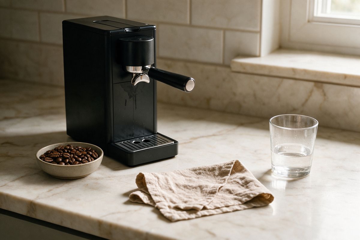 The same counter with a ceramic bowl of coffee beans added to the left of the machine