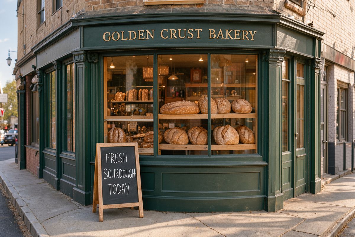The same bakery with the fascia now reading GOLDEN CRUST BAKERY in the same gold serif letters, the chalkboard and window unchanged