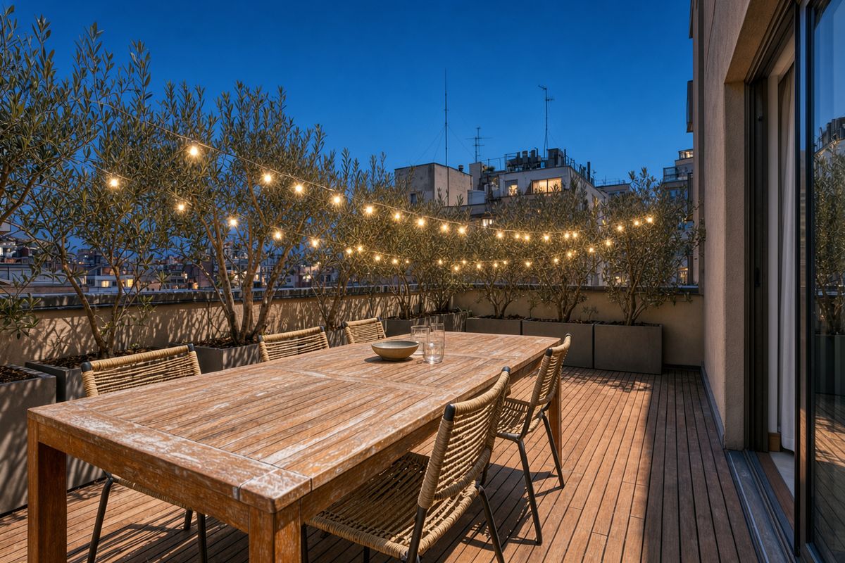 The same terrace at dusk with a deep blue sky, lit city windows and warm string lights above the table