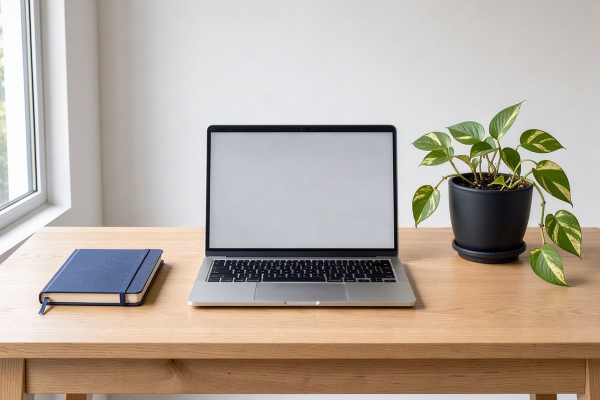 The same desk with the plant now in a matte black ceramic pot in the same position